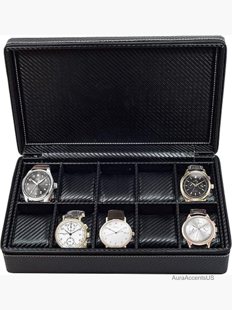 10-Slot Watch Travel Case Carbon Fiber Zippered Briefcase Storage For Watches